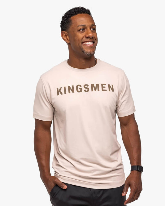 Kingsmen Golf Legacy Crewneck T-Shirt oatmeal on person front